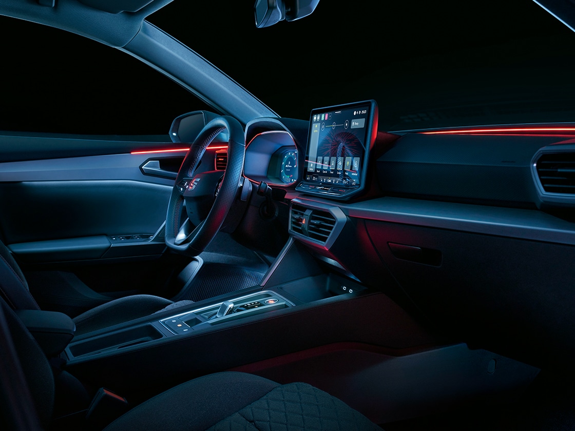 Wraparound led ambient lighting in the seat leon hatchback, providing a cool design and safety features like alerts for open doors or blind spots.