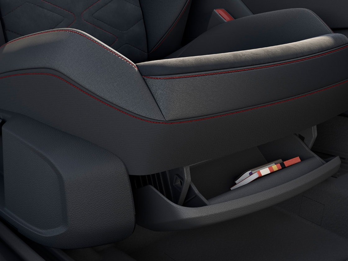 The seat leon’s interior showing ample storage options, including a variable luggage/load compartment floor, featured in five door models.