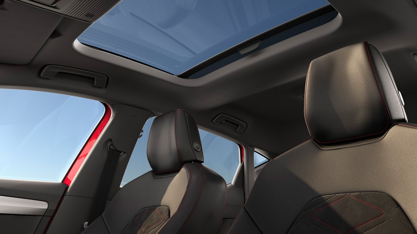 Interior view of seat car with panoramic sunroof and passenger in vibrant red outfit, showing the spacious cabin design.