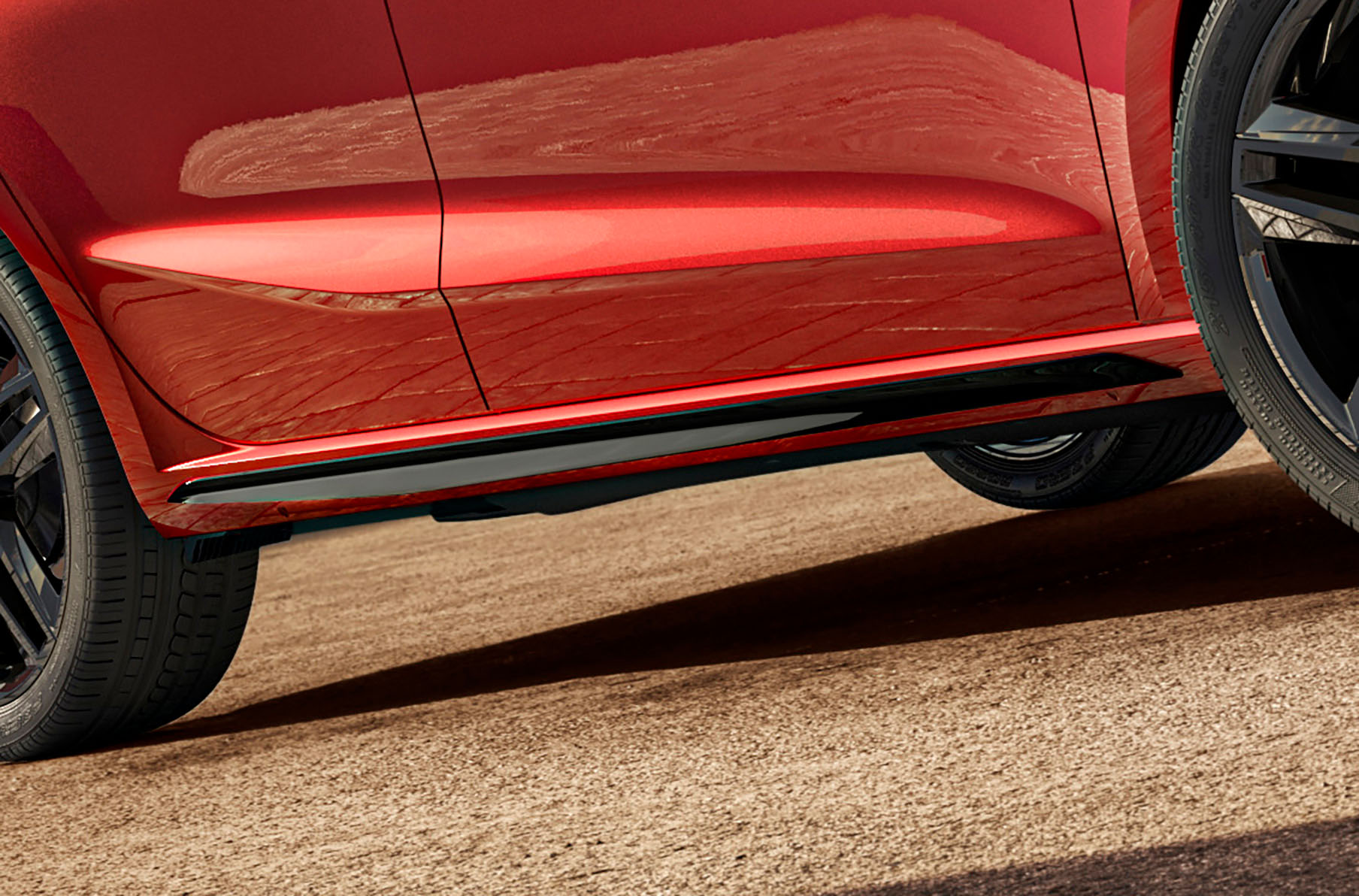 Black side skirt on desire red seat ibiza fr, close up for black edition vehicle.